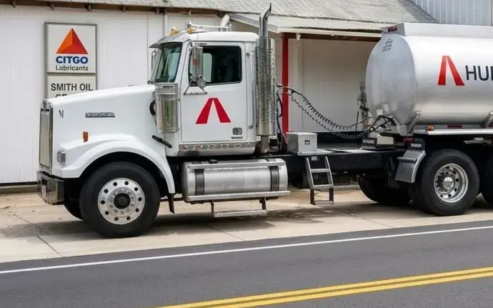 A white tanker truck parked at a Smith Oil facility.