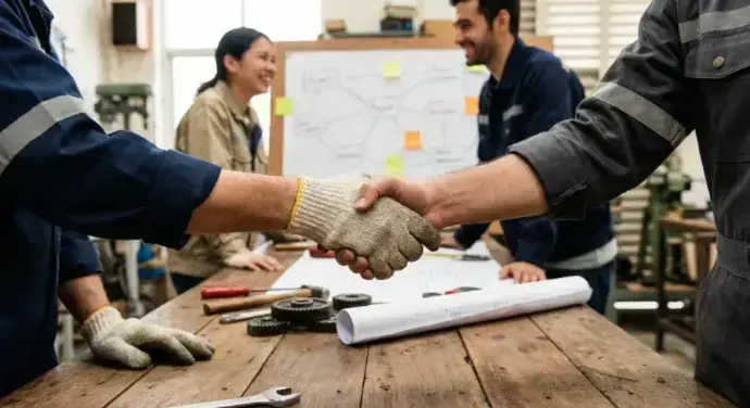 Workers in a workshop shaking hands over a table with tools.